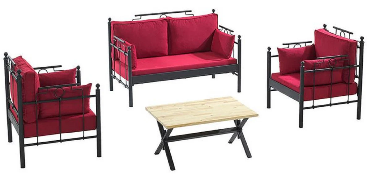 Casa Padrino Art Nouveau Conjunto de Muebles de Jardín Rojo Burdeos / Negro - 1 Sofá y 2 Sillones y 1 Mesa - Muebles de Jardín y Patio Art Nouveau