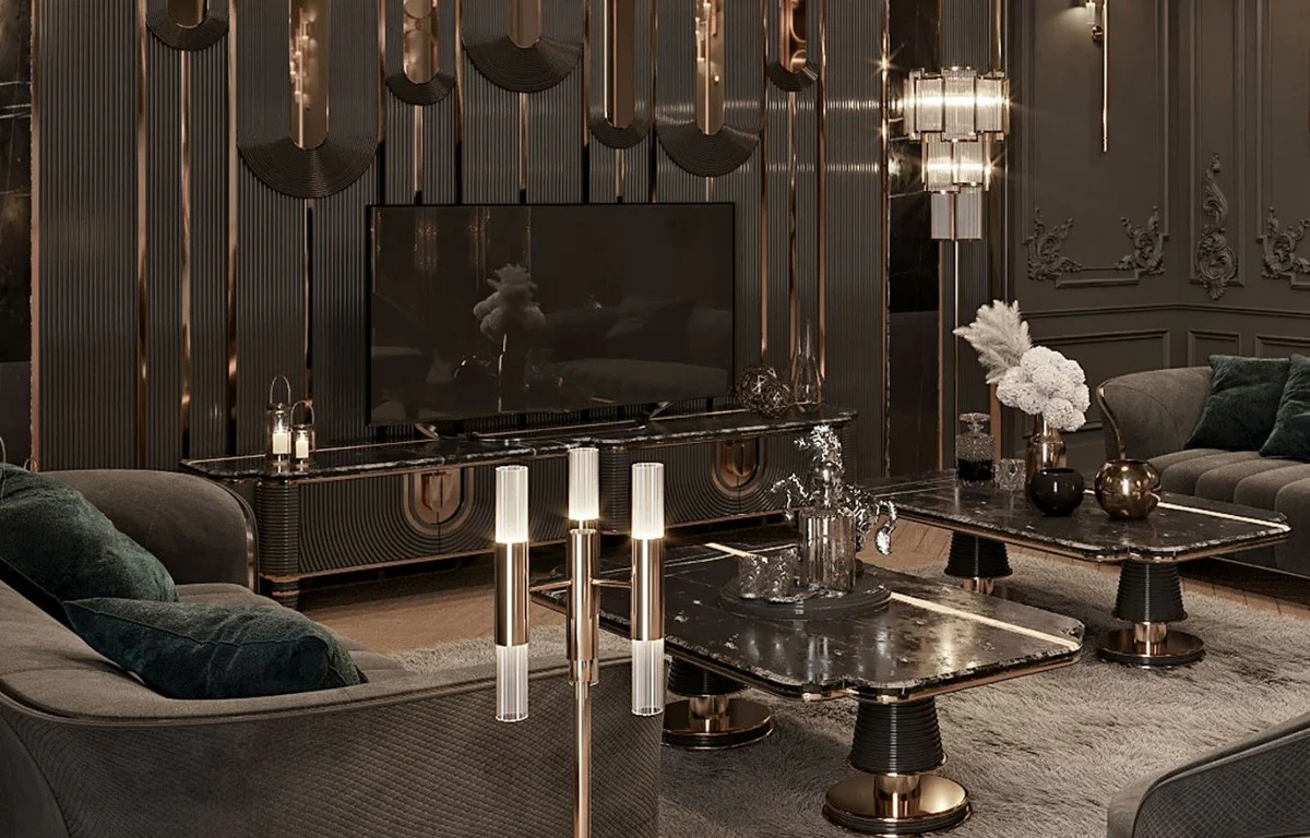 Casa Padrino gabinete TV de lujo gris / oro / negro 250 x 52 x A. 50 cm - Aparador de madera maciza con tapa de m¨¢rmol artificial fino - Muebles de sal¨®n - Muebles de lujo - Interiores de lujo