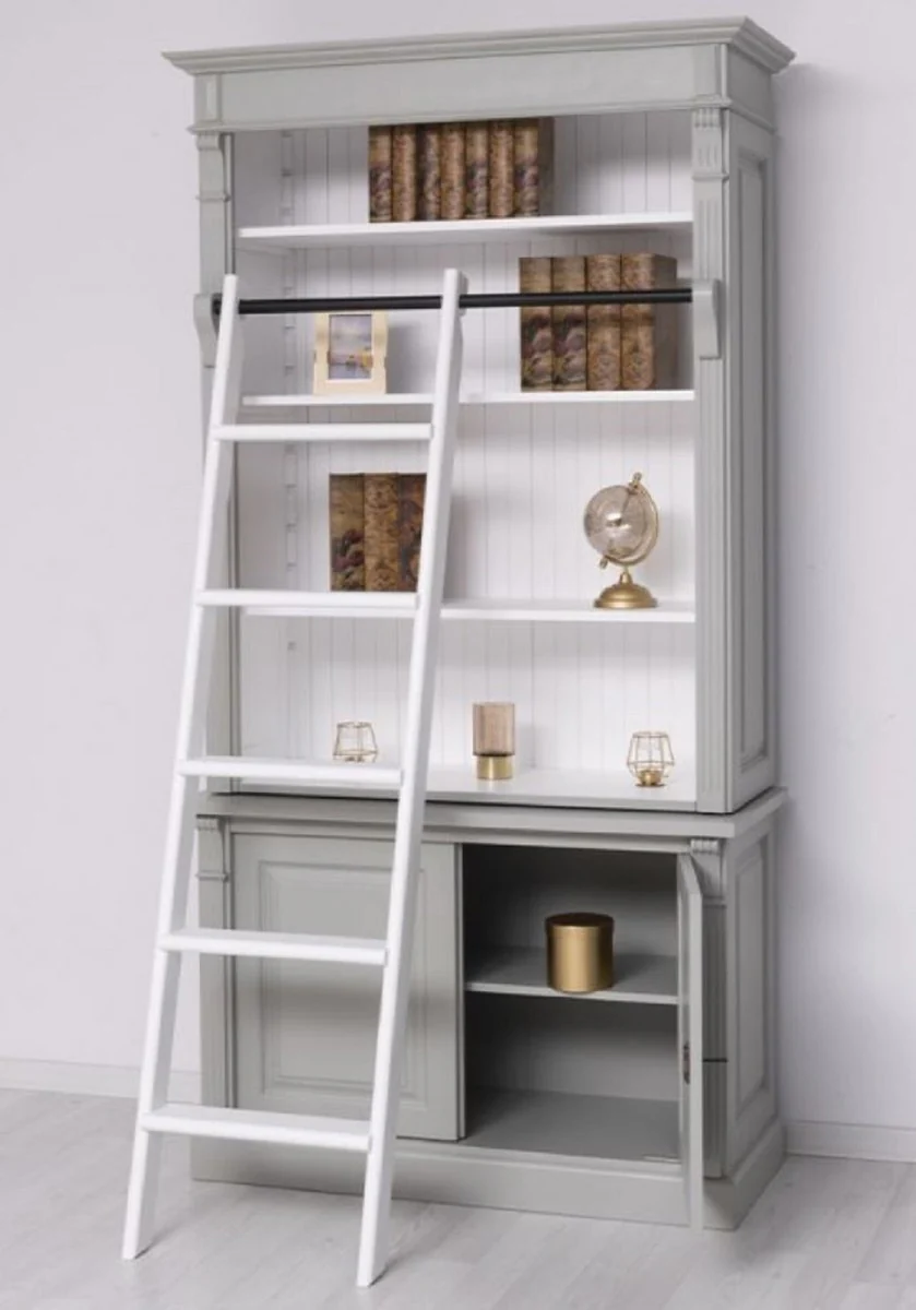 Casa Padrino armario de libros de estilo campestre con escalera gris / blanco 120 x 51 x A. 228 cm - Armario de Sala de Estar de Madera Maciza - Armario de Oficina - Muebles de Estilo Campestre