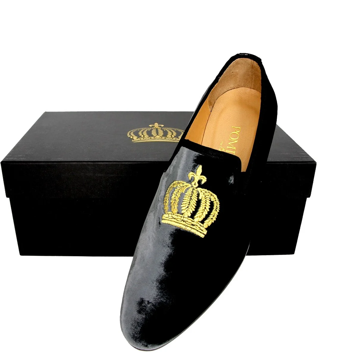 Pomp??s by Casa Padrino pantuflas de terciopelo de lujo con corona plata antracita / oro - Diferentes Tama?os de Zapatos - dise?ado por Harald Gl??ckler