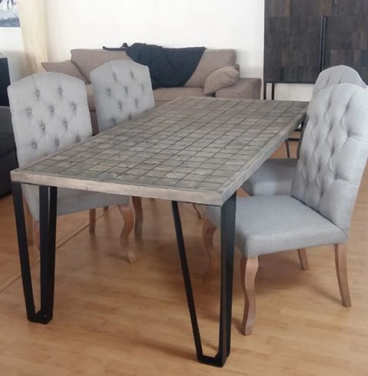Casa Padrino mesa de comedor de lujo gris / negro 197 x 97 x A. 75 cm - Mesa de cocina rectangular con tapa de madera maciza y patas de metal - Muebles de comedor - Muebles de lujo