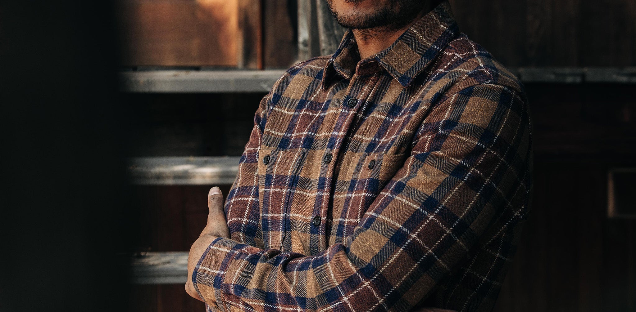 The Utility Shirt in Caramel Jaspe Herringbone Plaid