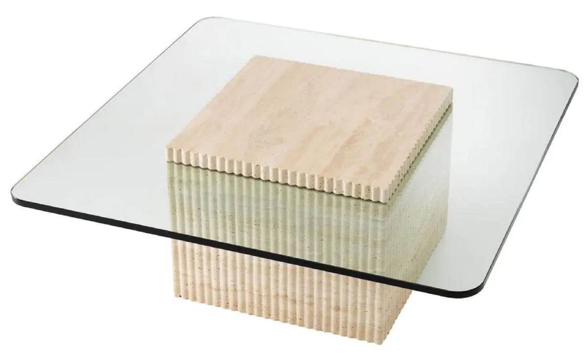 Casa Padrino mesa de centro de travertino de lujo beige 90 x 90 x A. 35 cm - Mesa de sal¨®n cuadrada de piedra natural con tapa de vidrio - Muebles de sal¨®n - Muebles de lujo - Instalaci¨®n de lujo