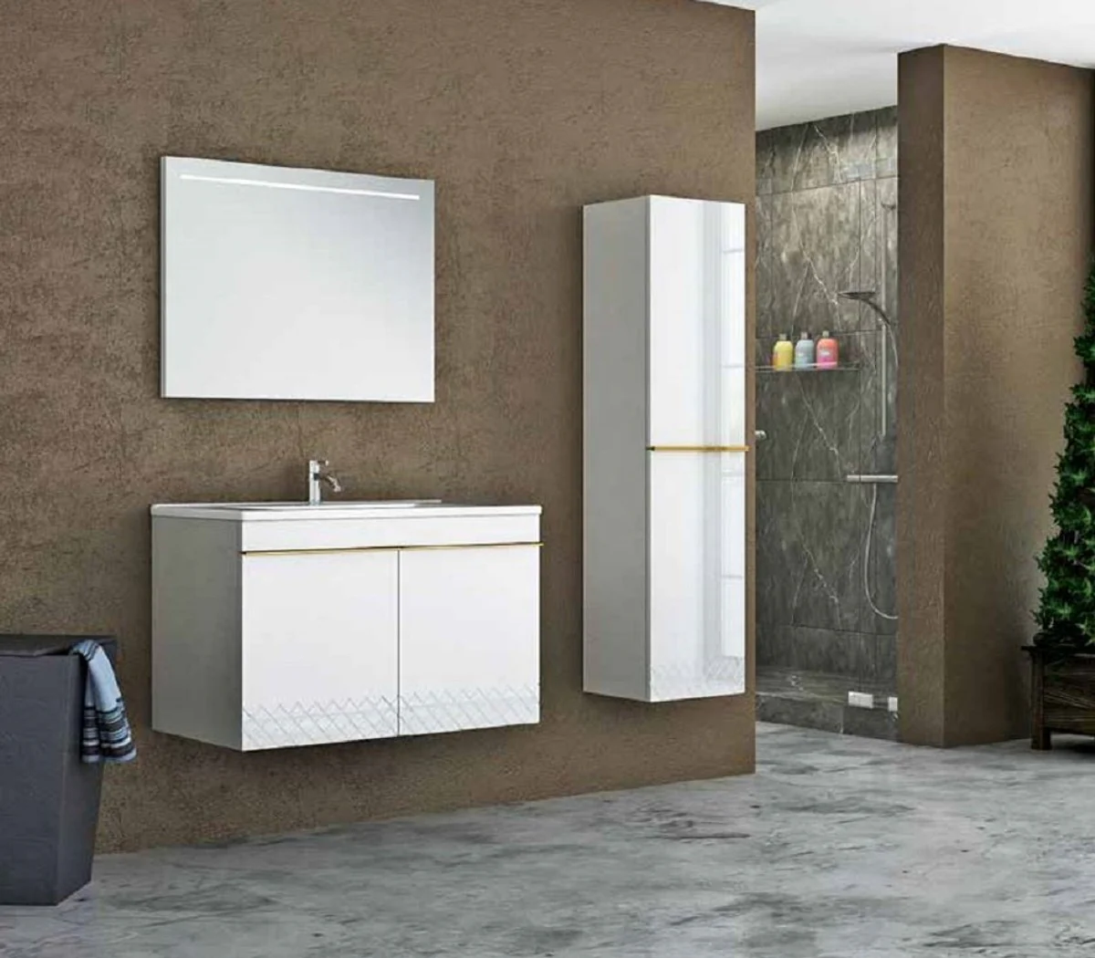 Casa Padrino Conjunto de Baño de Lujo Blanco / Oro - 1 Mesa de Lavado y 1 Lavado y 1 Espejo de Pared LED y 1 Gabinete Colgante - Colección de Lujo
