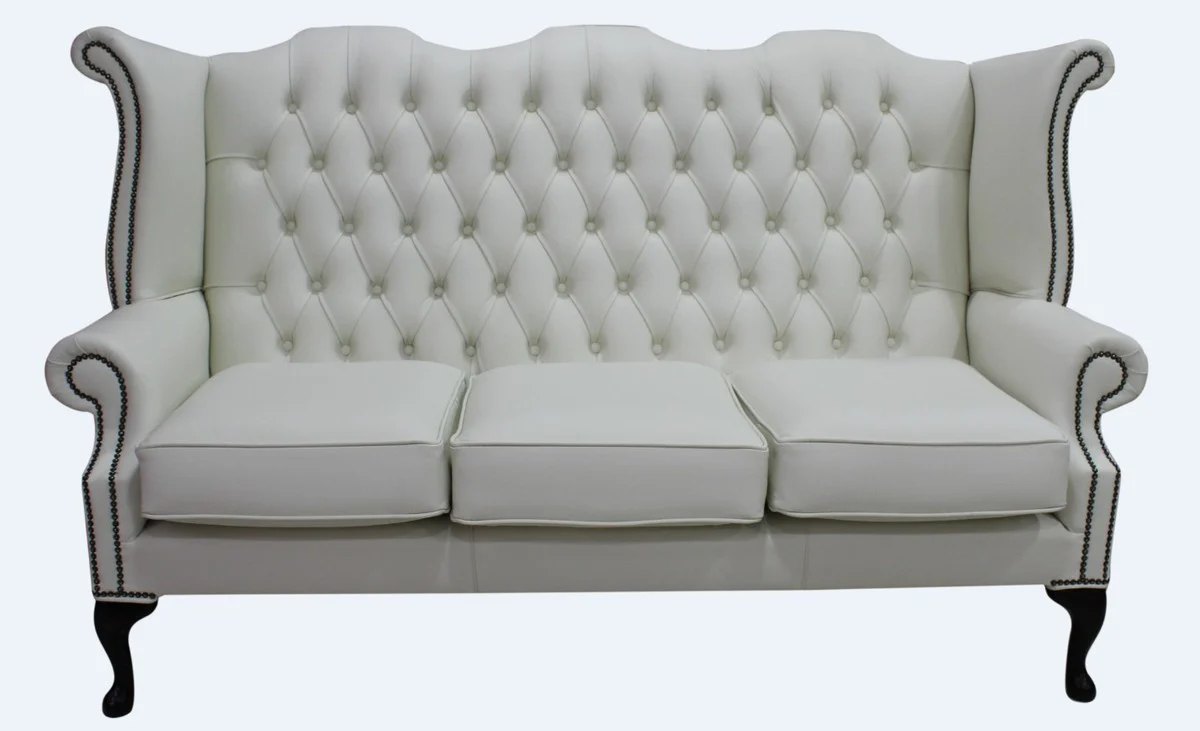 Casa Padrino - Sof¨¢ de 3 plazas de cuero genuino de lujo, aspecto vintage blanco antiguo, 183 x 90 x h.105 cm - Sof¨¢ Chesterfield