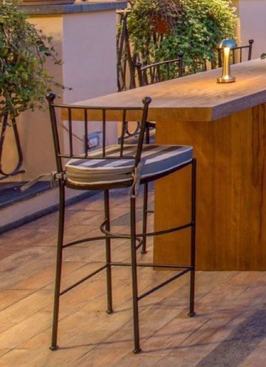 Casa Padrino silla de bar de lujo Art Nouveau de hierro forjado con coj¨ªn de asiento negro / gris / blanco A. 97 cm