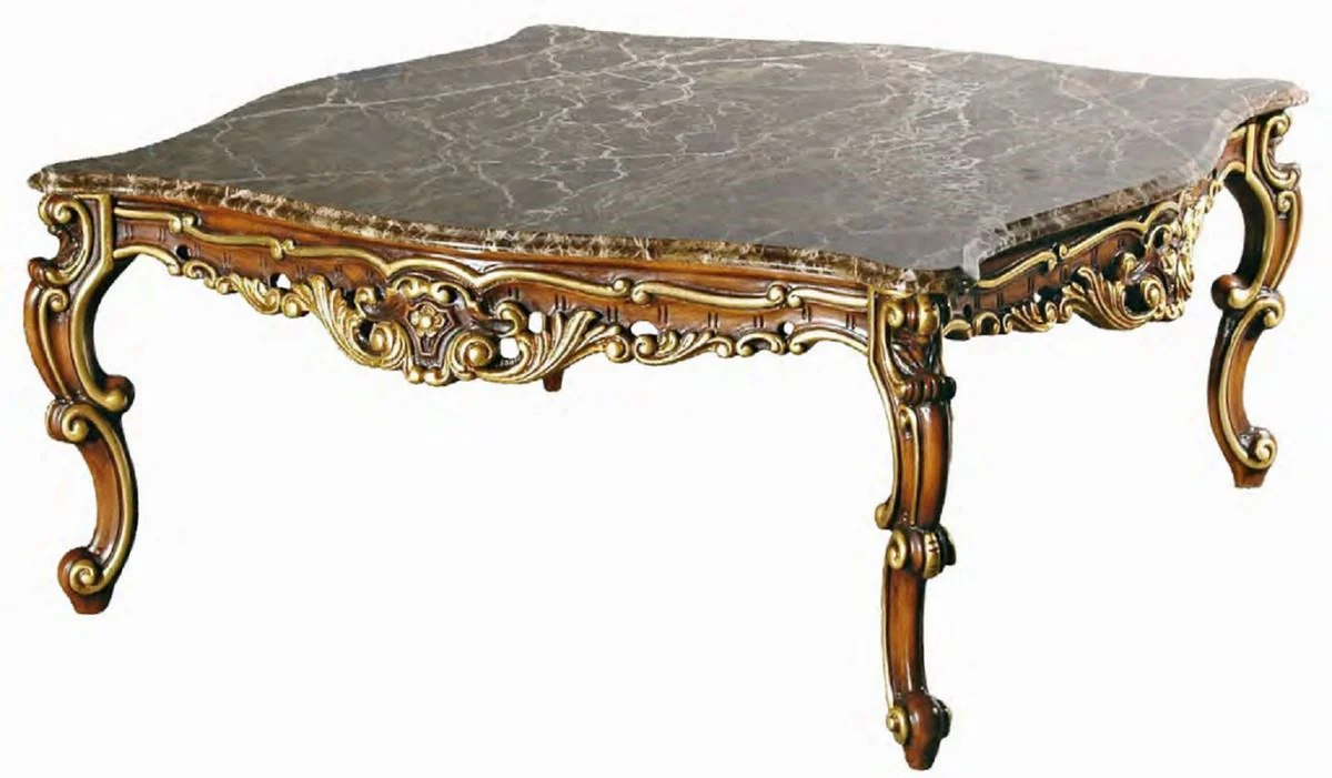 Casa Padrino mesa de centro barroco de lujo marr¨®n / oro - Magn¨ªfica mesa de centro con tablero de m¨¢rmol Emperador - Muebles de Sal¨®n y Hotel Barrocos - Calidad de Lujo - Hecho en Italia