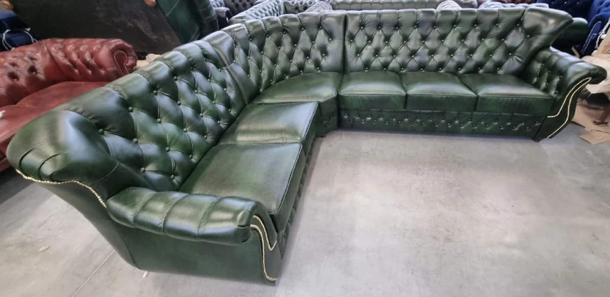Casa Padrino sof¨¢ esquinero Chesterfield de lujo de piel verde vintage 290 x 240 x A. 80 cm - Sof¨¢ de sal¨®n de cuero genuino - Muebles de sal¨®n - Muebles Chesterfield - Muebles de lujo