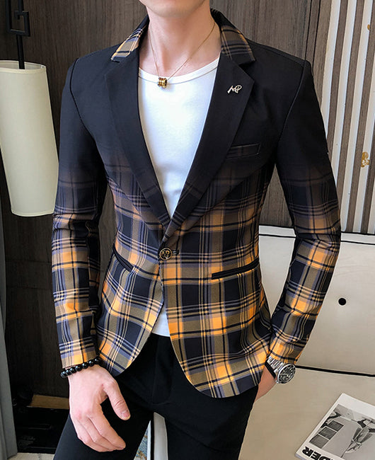 Casual Lapel Collar Ombre Plaid Print One Button Slim Fit Blazer