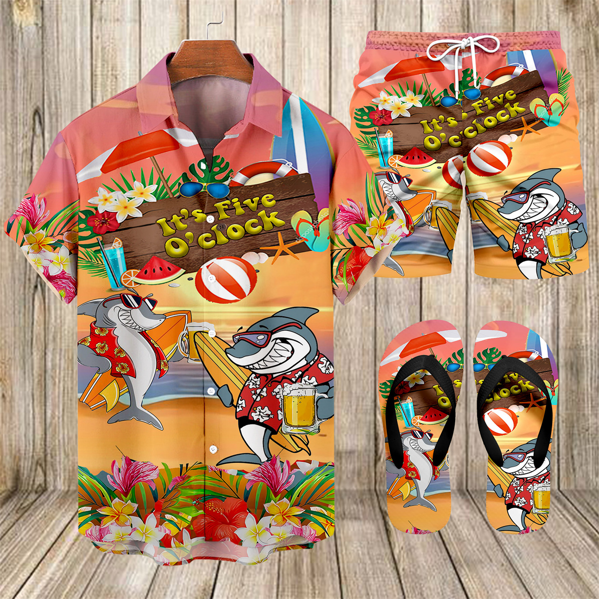 Suitmens Men's Men's Tiki Style Hawaiian Vacation Print Three-Piece Set 032