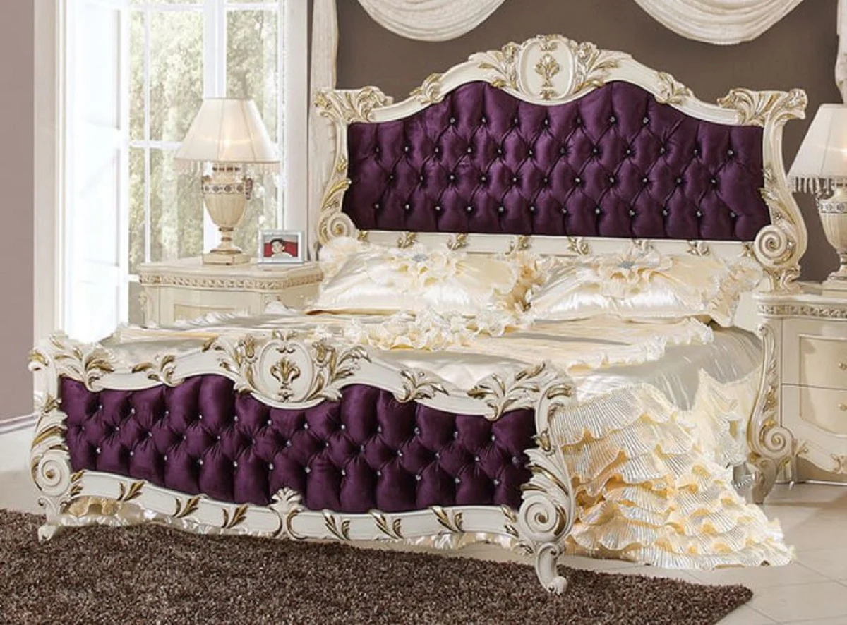 Casa Padrino cama de matrimonio barroco de lujo púrpura / blanco / oro - Magnífica cama de madera maciza con pedrería - Muebles de dormitorio de estilo barroco - Noble y Magnífico