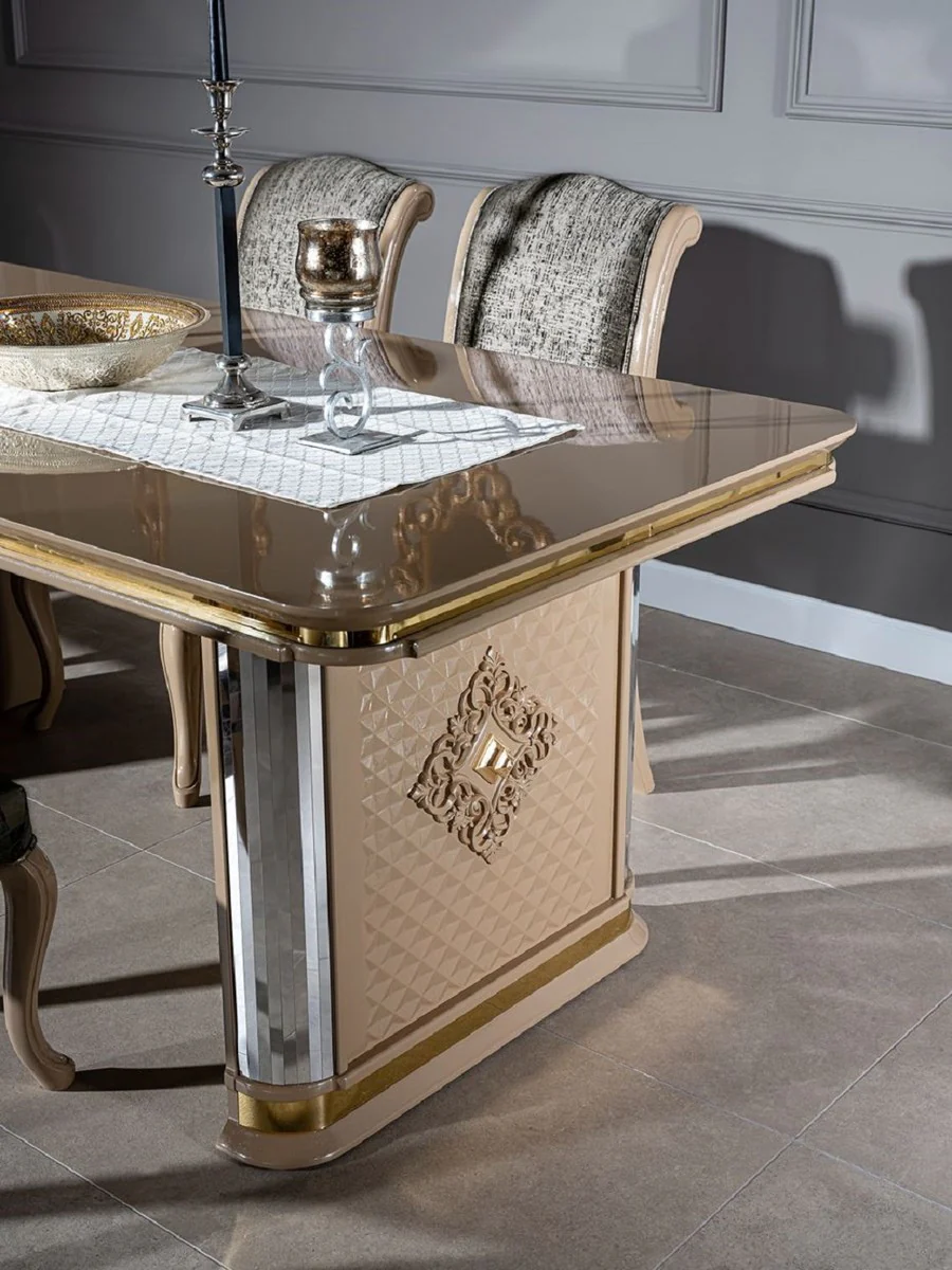 Casa Padrino Conjunto de Comedor Art D¨¦co de Lujo Beige / Oro - 1 Mesa de Comedor y 6 Sillas de Comedor - Muebles de Comedor Art D¨¦co Hechos a Mano