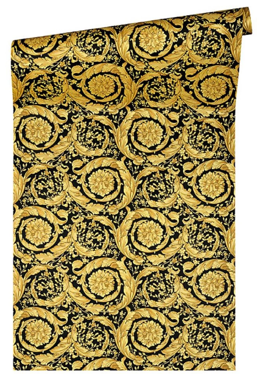 Versace Fondo de Pantalla de Satén Flores Barocco 935834 Negro / Oro Amarillo - Papel Pintado de Diseño - Accesorios Deco