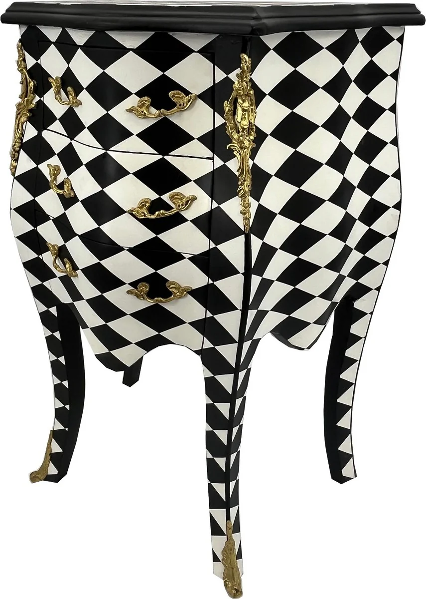 Casa Padrino cómoda barroco diseño de cuadros negro / blanco / oro - Mesita de noche de estilo barroco hecha a mano con 3 cajones - Muebles barrocos - Muebles de dormitorio en estilo barroco