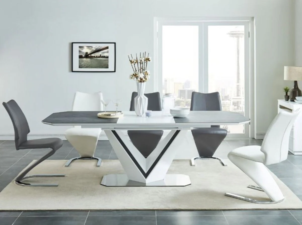 Casa Padrino mesa de comedor de dise?o blanco / gris / plata 160-220 x 90 x A. 76 cm - Mesa de comedor extensible con platos de cer¨¢mica - Muebles de Comedor