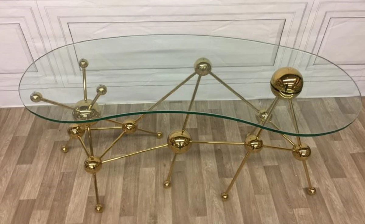 Casa Padrino escritorio de dise?o de lujo oro 160 x 75 x A. 77 cm - Mesa de oficina de metal con tapa de vidrio curvo - Mesa de ordenador - Muebles de oficina de dise?o de lujo