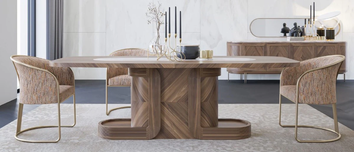 Casa Padrino Conjunto de Muebles de Comedor de Lujo Marr¨®n / Beige / Gris / Naranja / Lat¨®n - 1 Mesa de Comedor de Lujo y 8 Sillas de Comedor de Lujo - Muebles de Comedor de Lujo