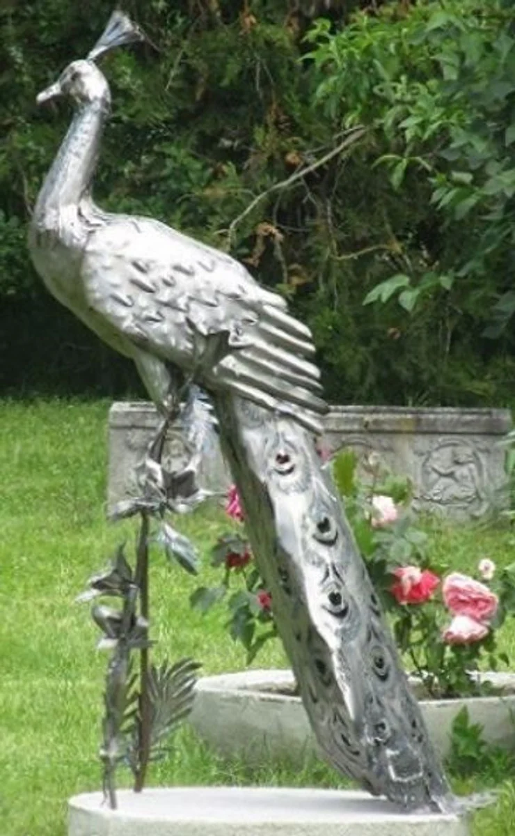 Casa Padrino escultura de decoración de jardín pavo real plata 50 x 75 x A. 118 cm - Elegante figura de decoración de jardín de acero inoxidable - Figura de jardín resistente a la intemperie