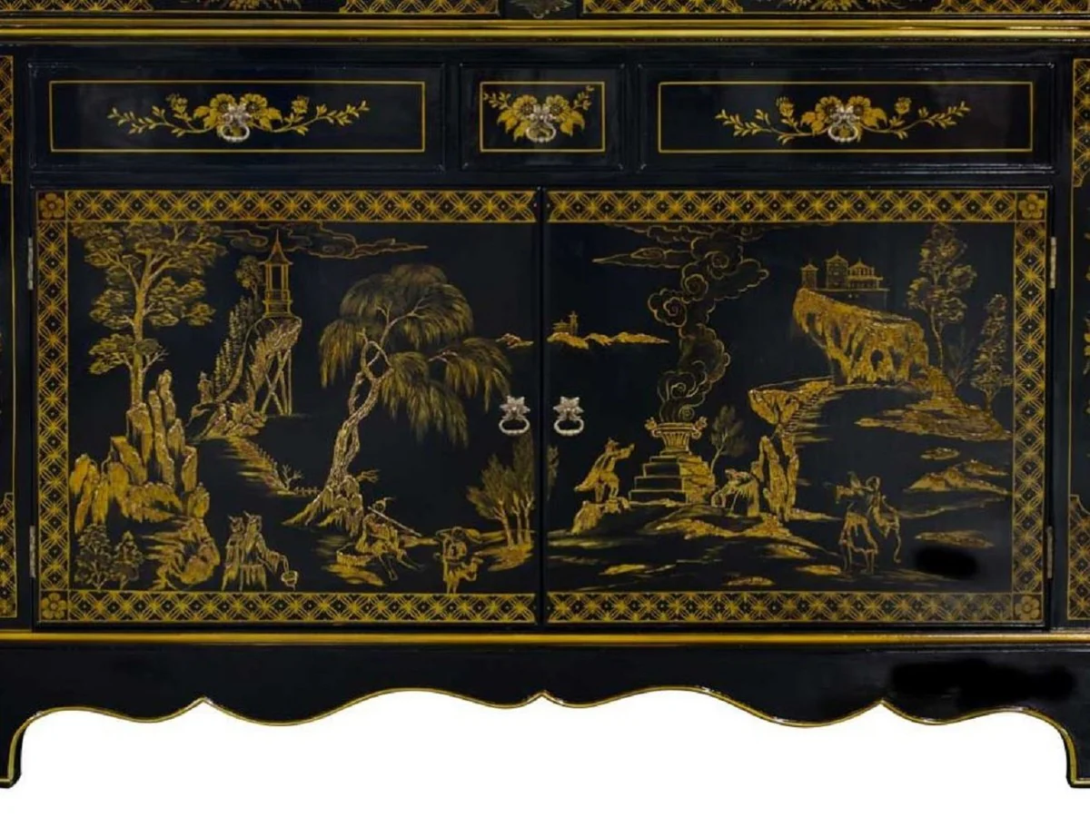 Casa Padrino vitrina barroco de lujo en estilo chino negro / oro - Vitrina barroco hecha a mano con 4 puertas y 3 cajones - Muebles Barrocos - Noble y Magn¨ªfico