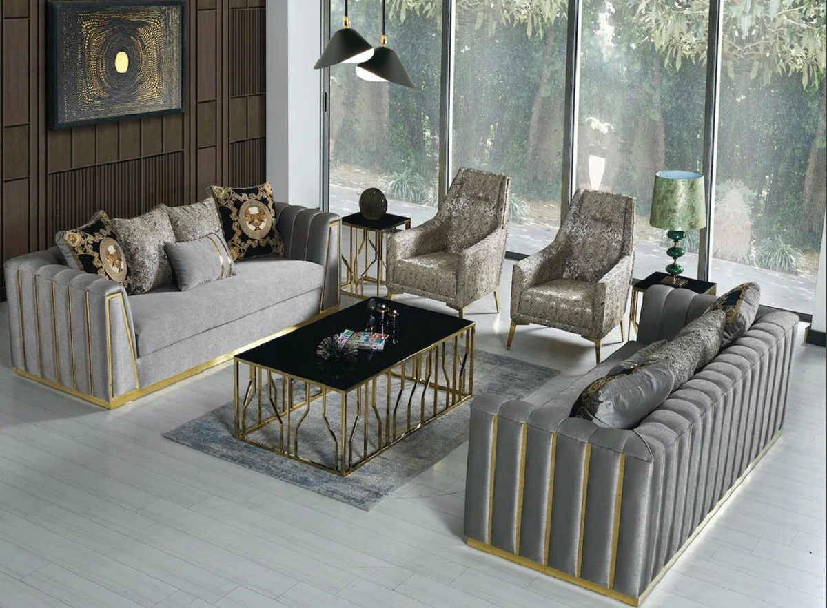 Casa Padrino conjunto de sala de estar de lujo gris / oro - 2 Sof¨¢s y 2 Sillones y 1 Mesa de Centro - Muebles de sala de estar modernos - Calidad de Lujo