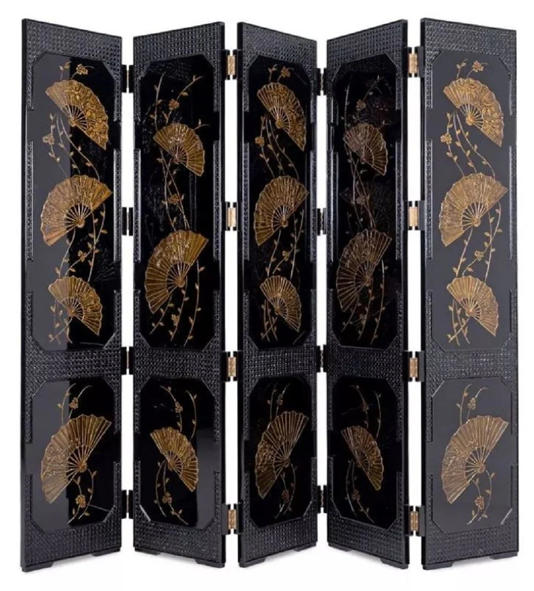 Casa Padrino separador de ambientes de lujo negro / oro 220 x 3 x A. 182 cm - Biombo plegable de madera maciza de estilo chino - Muebles de dormitorio - Muebles de hotel - Muebles de lujo