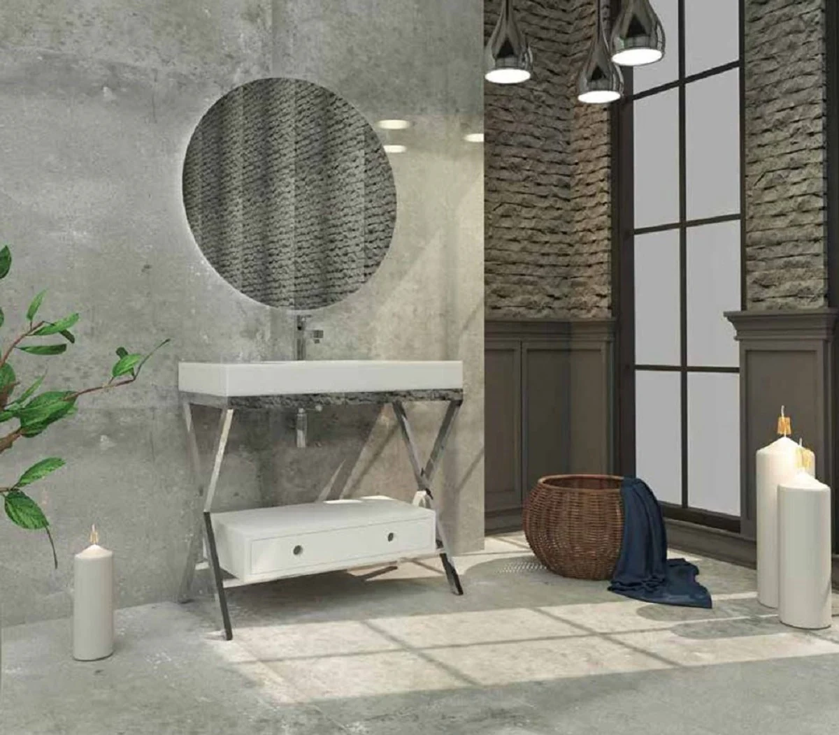 Casa Padrino Conjunto de Ba?o de Lujo Plata / Blanco - 1 Mesa de Lavado con Caj¨®n y 1 Lavabo y 1 Espejo de Pared LED - Calidad de Lujo