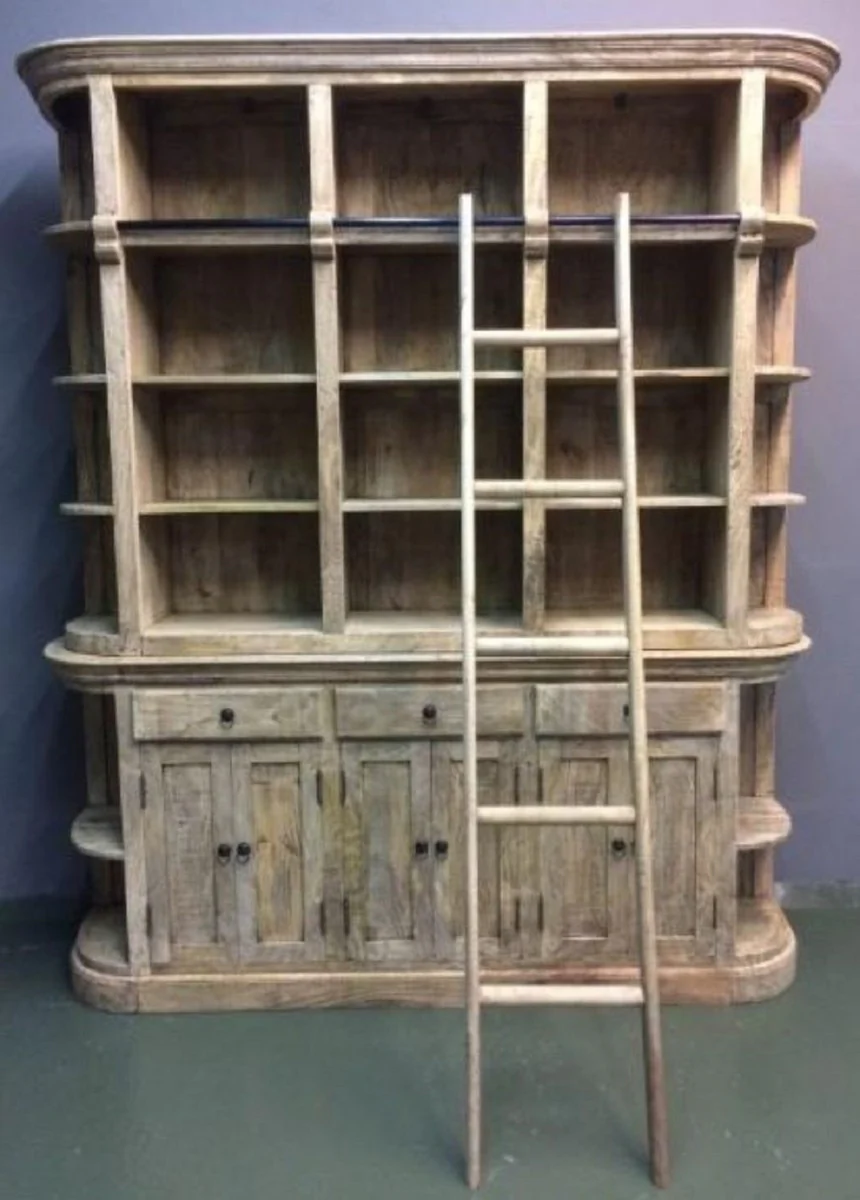 Casa Padrino armario de libros de estilo campestre con escalera natural 200 x 42 x A. 230 cm - Armario de Sala de Estar de Madera Maciza - Armario de Oficina - Muebles de Estilo Campestre