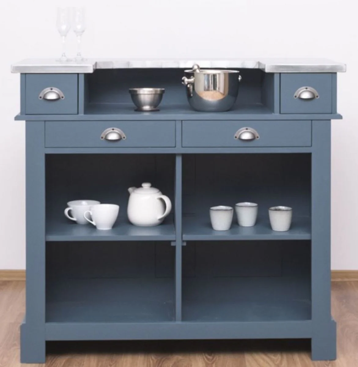 Casa Padrino barra de bar de estilo campestre azul / plata 120 x 65 x A. 107 cm - Barra de bar de madera maciza con sobre de mesa galvanizado - Muebles de bar en estilo campestre