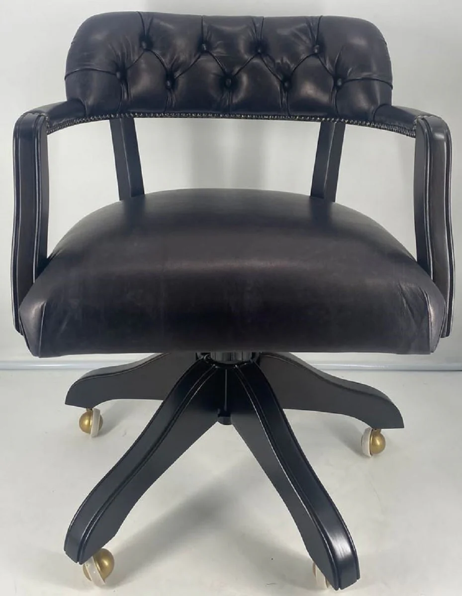 Casa Padrino silla de oficina de cuero de lujo negro / negro 58 x 65 x A. 80-87 cm - Silla de escritorio ajustable en altura - Silla giratoria de genuino - Muebles de lujo - Muebles de oficina