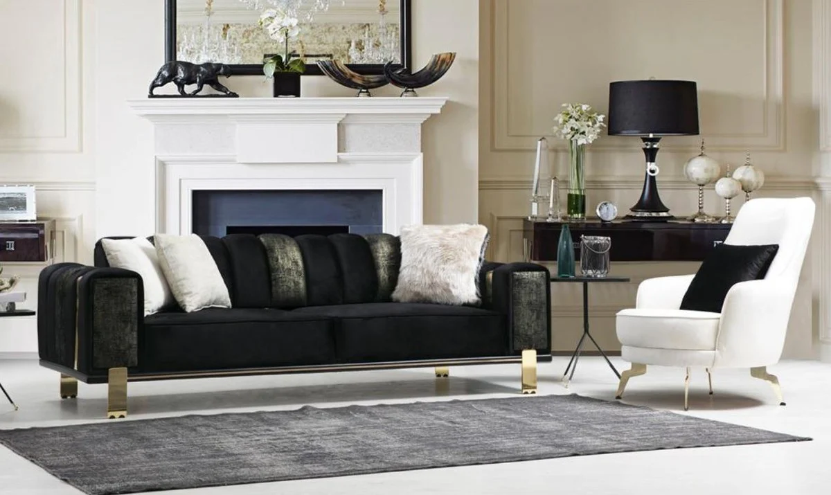 Casa Padrino sof¨¢ de sal¨®n de lujo con respaldo ajustable negro / oro 223 x 93 x A. 76 cm - Muebles de Sal¨®n - Muebles de Lujo