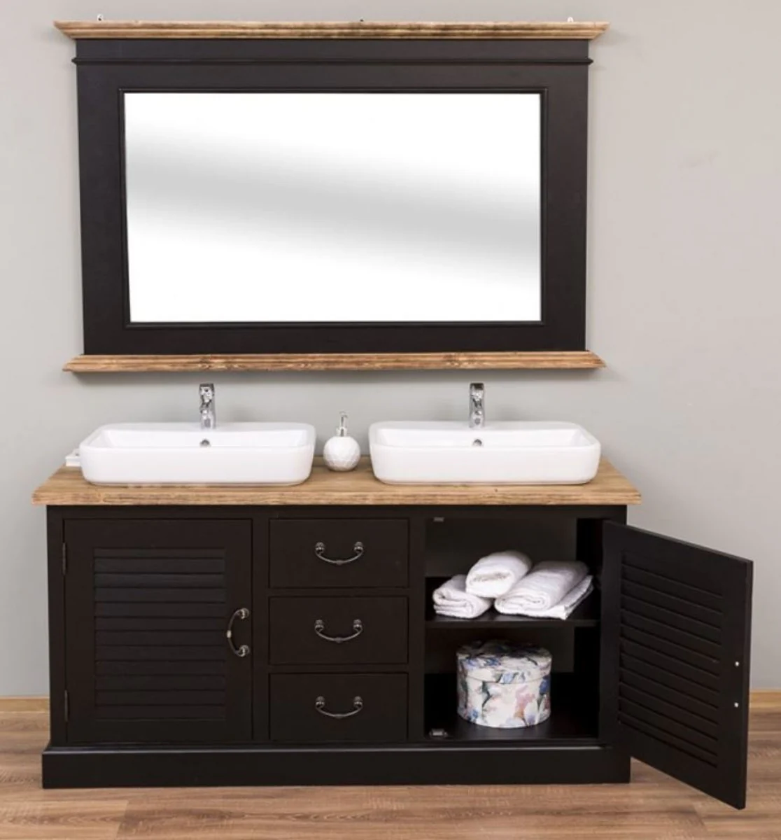 Casa Padrino Conjunto de Baño de Estilo Campestre Negro / Natural - 1 Gabinete del Fregadero Doble y 1 Espejo de Pared - Muebles de Baño Estilo Campestre
