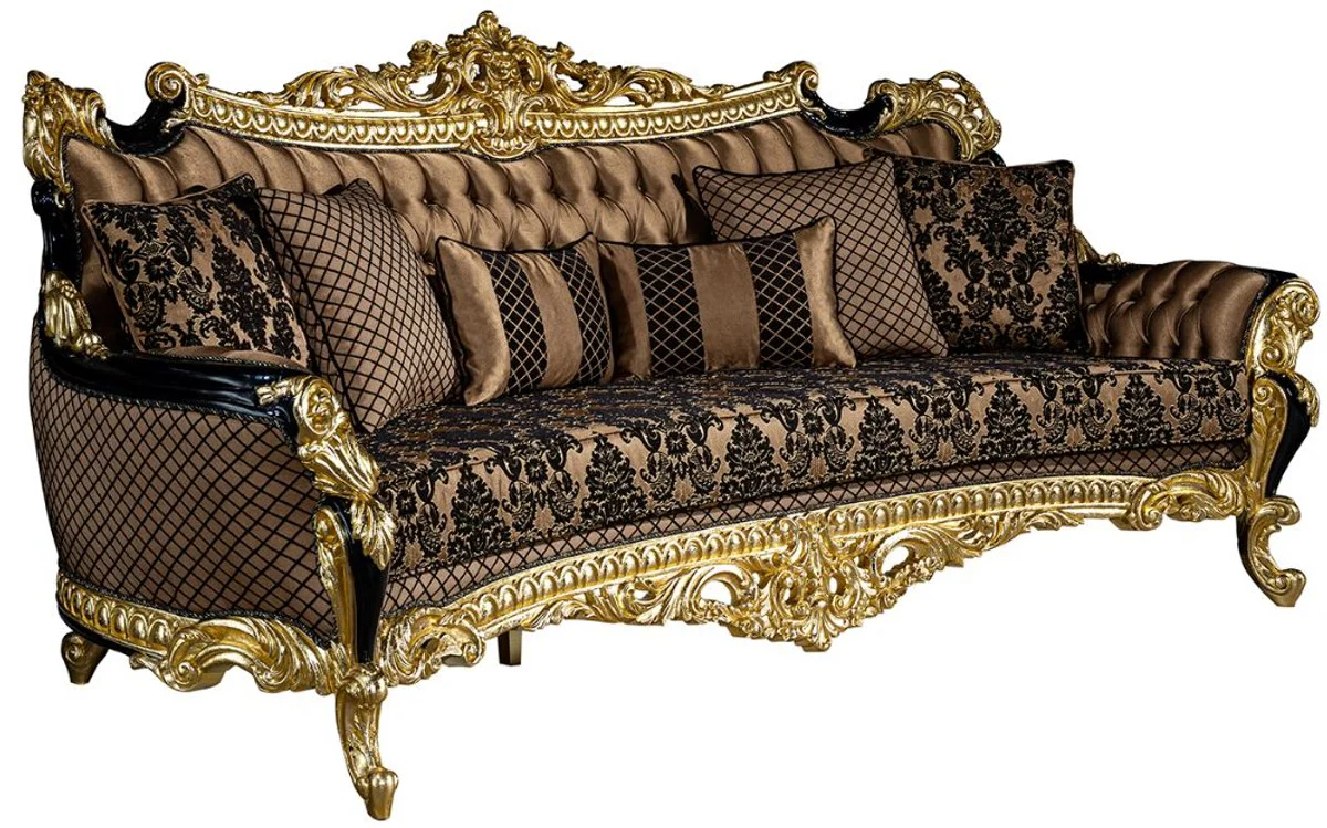 Casa Padrino sof¨¢ barroco de lujo marr¨®n / negro / oro 260 x 110 x A. 117 cm - Sof¨¢ de sal¨®n magn¨ªfica con cojines decorativas - Muebles nobles barrocos