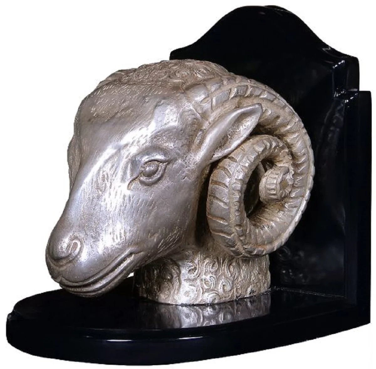 Casa Padrino conjunto de sujetalibros de lujo cabezas de carnero plata / negro 21 x 19 x A. 18 cm - Decoración de escritorio - Decoración de salón - Accesorios de Decoración