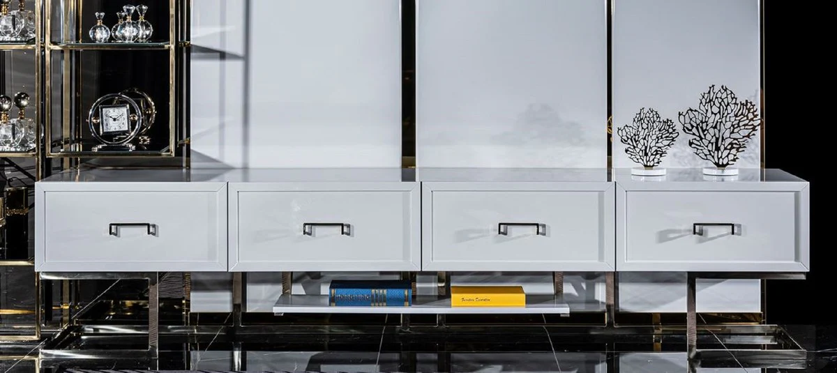 Casa Padrino gabinete TV de lujo blanco / oro / plata 260 x 45 x A. 60 cm - Aaparador de sal¨®n con 4 cajones - Muebles de sal¨®n - Muebles de lujo - Muebles de hotel