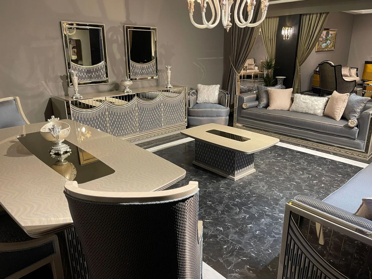 Casa Padrino conjunto de sala de estar Art Deco de lujo azul claro / plata / crema - 2 Sof¨¢s Art Deco y 2 Sillones Art Deco y 1 Mesa de Centro Art Deco - Muebles de sala - Muebles Art Deco de lujo