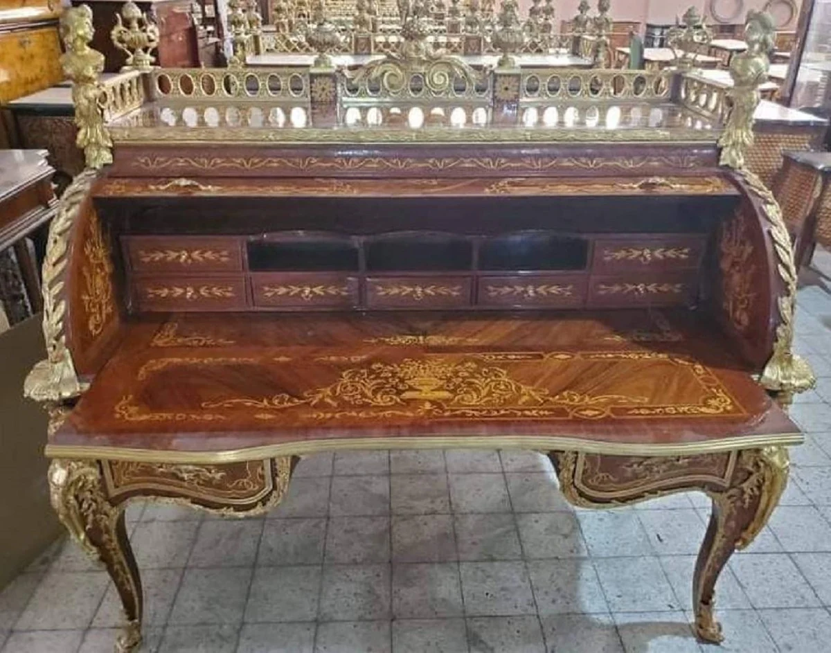 Casa Padrino secretaria barroco de lujo marr¨®n marqueter¨ªa / oro - Escritorio barroco hecho a mano - Muebles de oficina barrocos - Noble y Magn¨ªfico