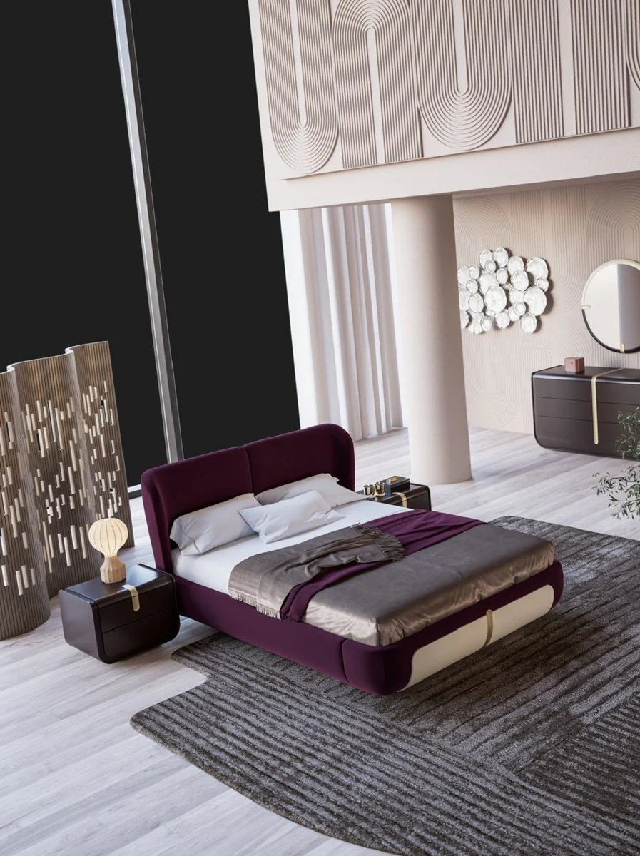 Casa Padrino Cama Doble de Lujo Púrpura / Crema / Beige 207 x 225 x A. 110 cm - Cama de Madera Maciza - Muebles Dormitorio - Muebles Hotel - Muebles de Lujo - Interior de Lujo