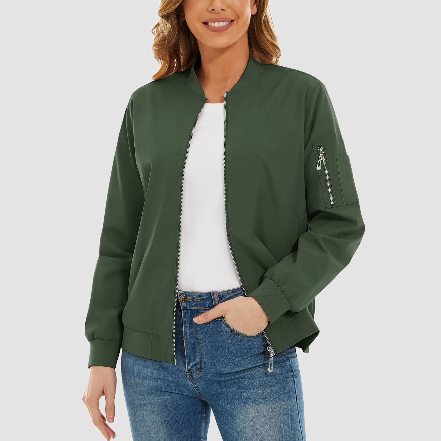 Women's Bomber Jackets Casual Jacket with 3 Pockets Spring Windbrealer Coat Fashion Outwear