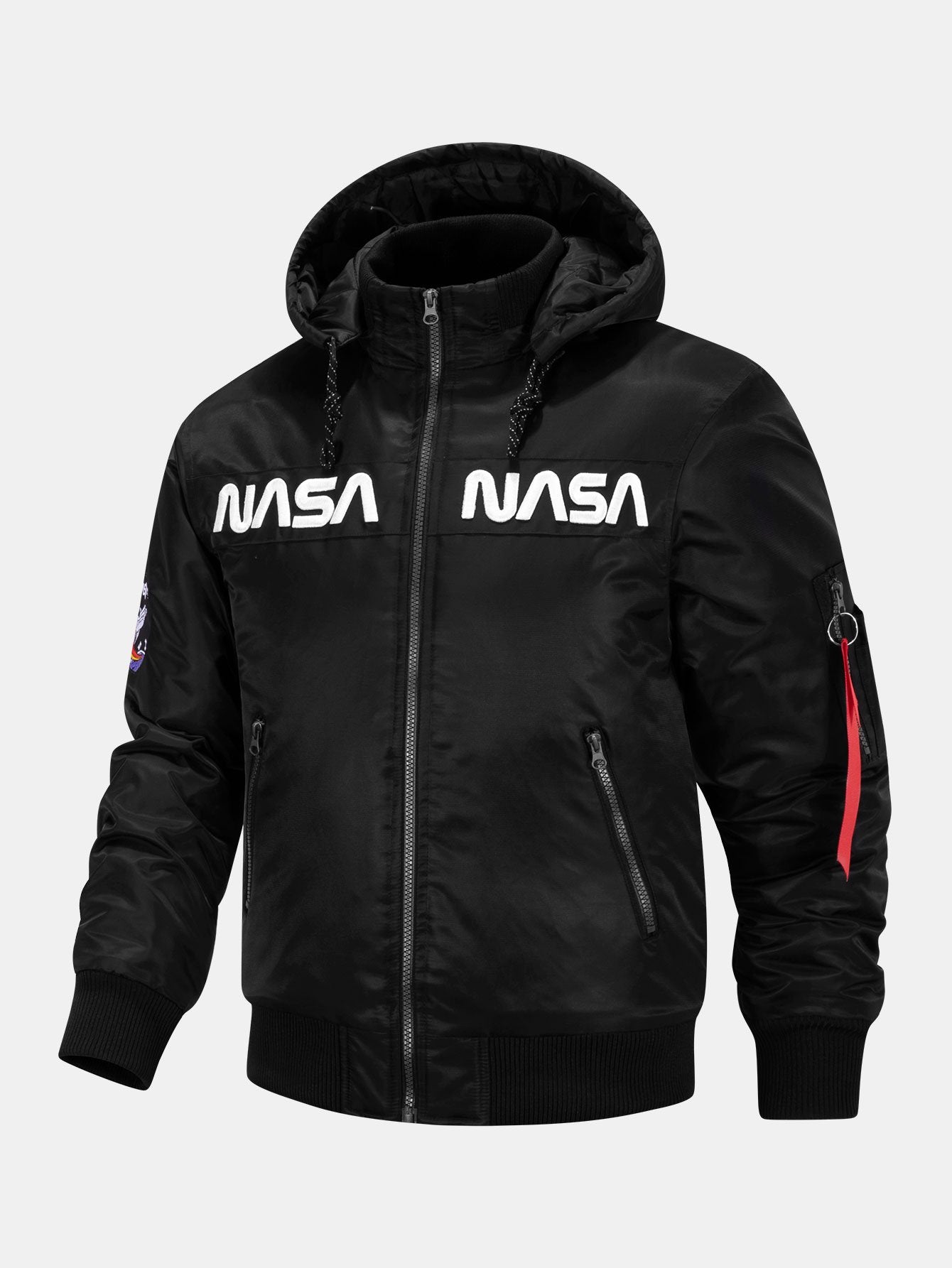 NASA Embroidery Quilted Lined Detachable Hooded Bomber Jacket