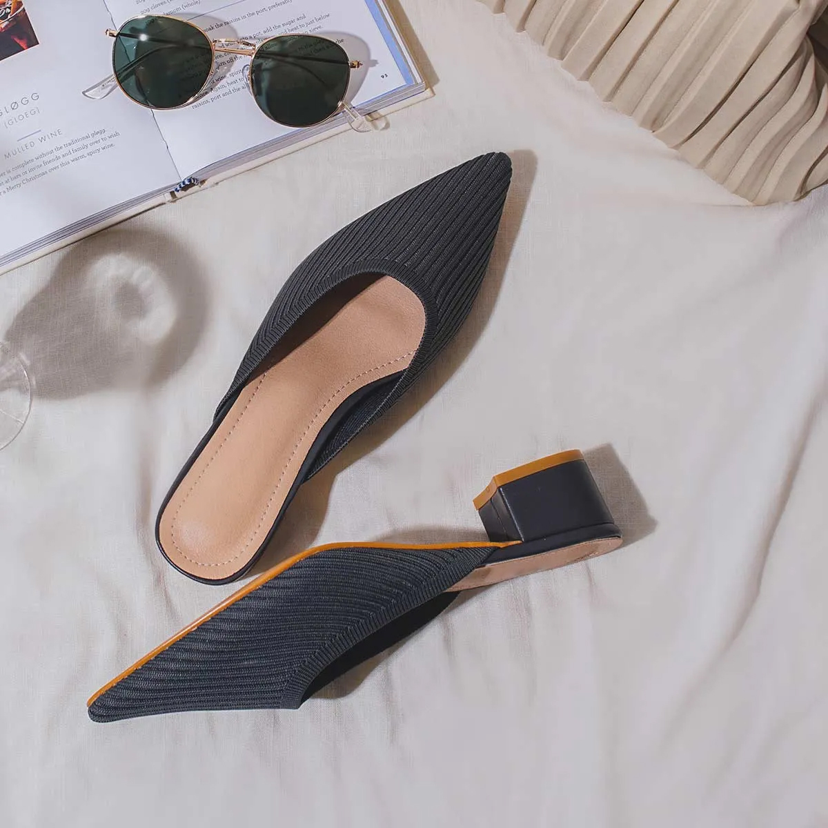 Pointed Toe Mules for Women Breathable Knit Slip-on Flat Shoes