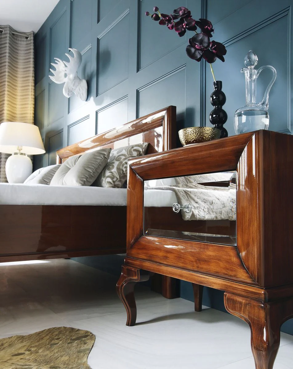 Casa Padrino mesita de noche Art Deco de lujo marrón alto brillo 70 x 42 x A. 65 cm - Mesita auxiliar con espejo y cajón - Muebles de dormitorio de lujo - Muebles Art Deco de Lujo