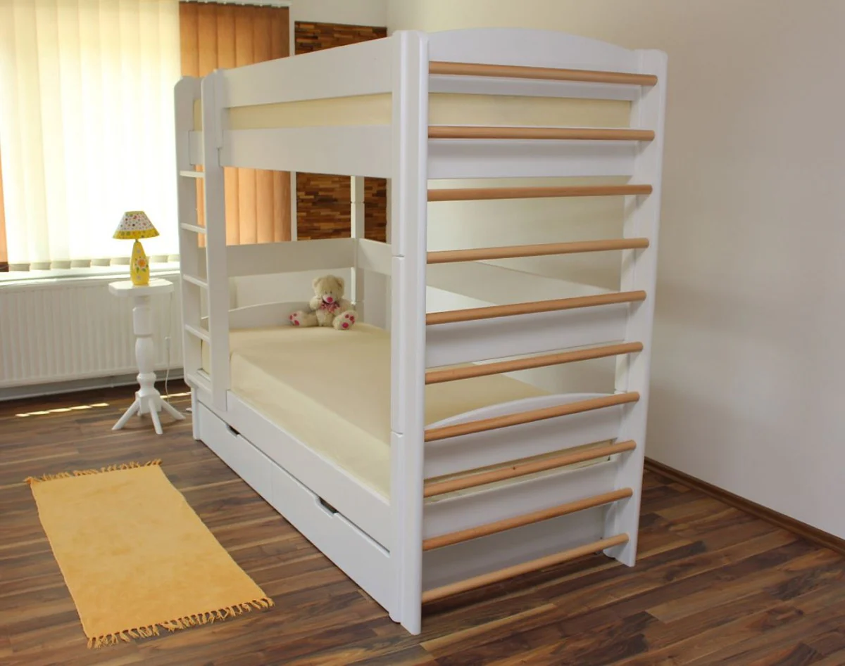 Casa Padrino litera para niños de lujo blanco / natural 211 x 98 x A. 185 cm - Cama infantil multifuncional con escalera y barras de pared - Muebles para la habitación de los niños