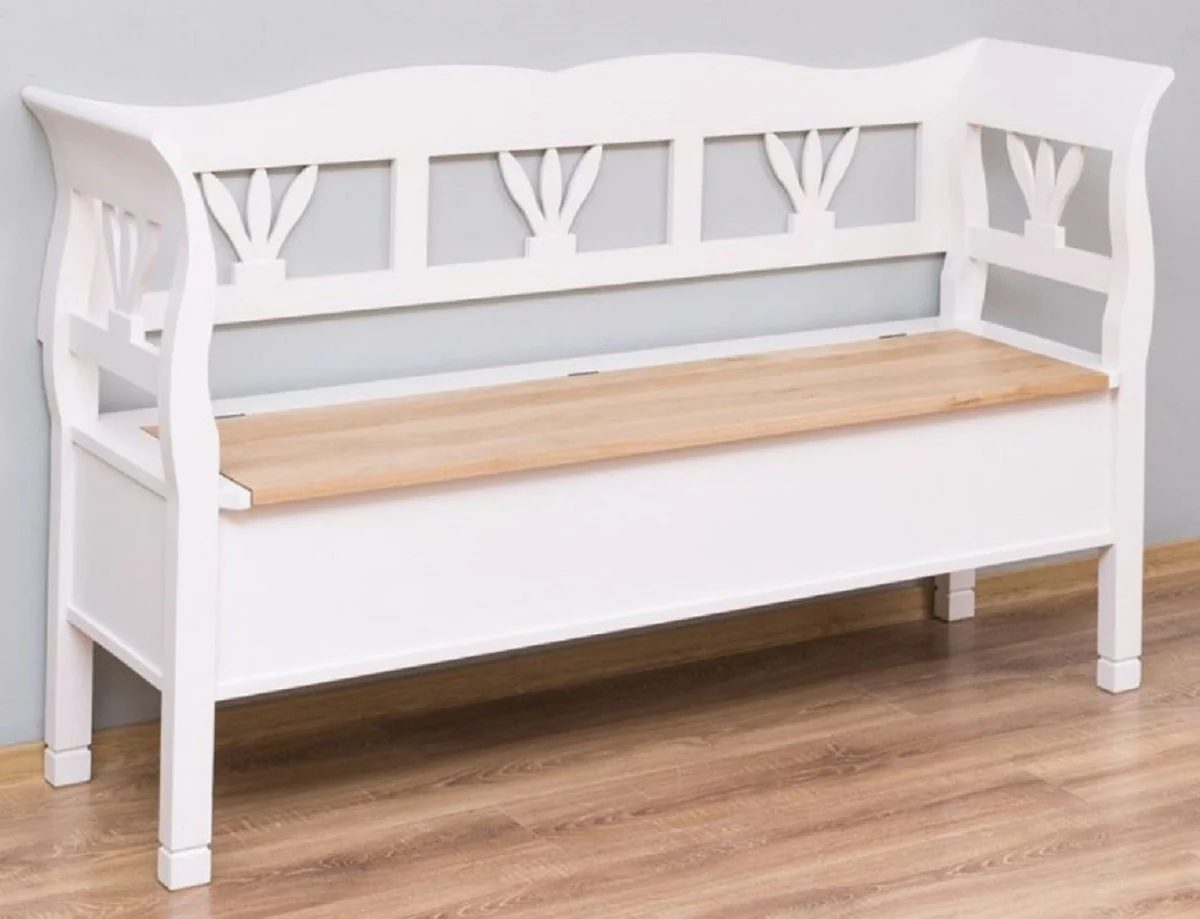 Casa Padrino banco de estilo campestre blanco / natural 163 x 48 x A. 92 cm - Banco de madera maciza con espacio de almacenamiento - Muebles de madera maciza - Muebles de estilo campestre