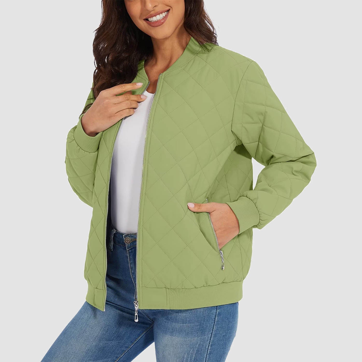 Women's Quilted Jackets Bomber Jacket with 2 Zip Pockets Puffer Casual Winter Jacket