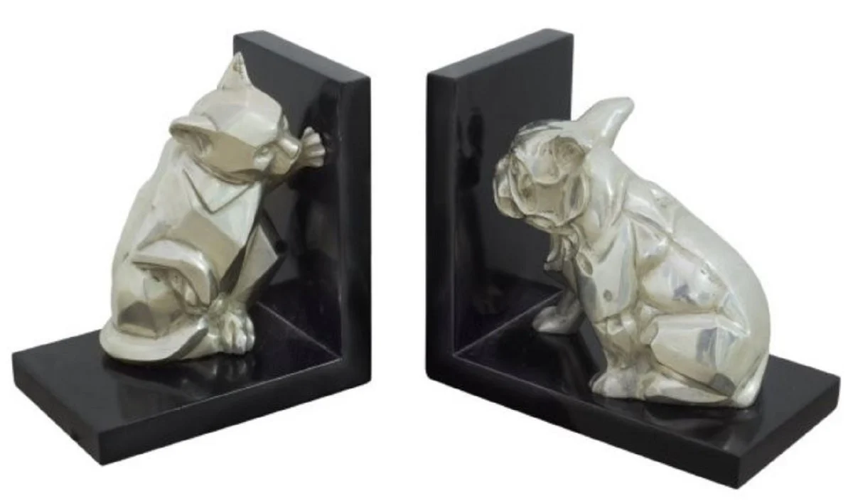 Casa Padrino conjunto de sujetalibro de lujo gato y perro plata / negro 18 x 18 x H. 10 cm - Figuras en Bronce Deco con Base de Madera