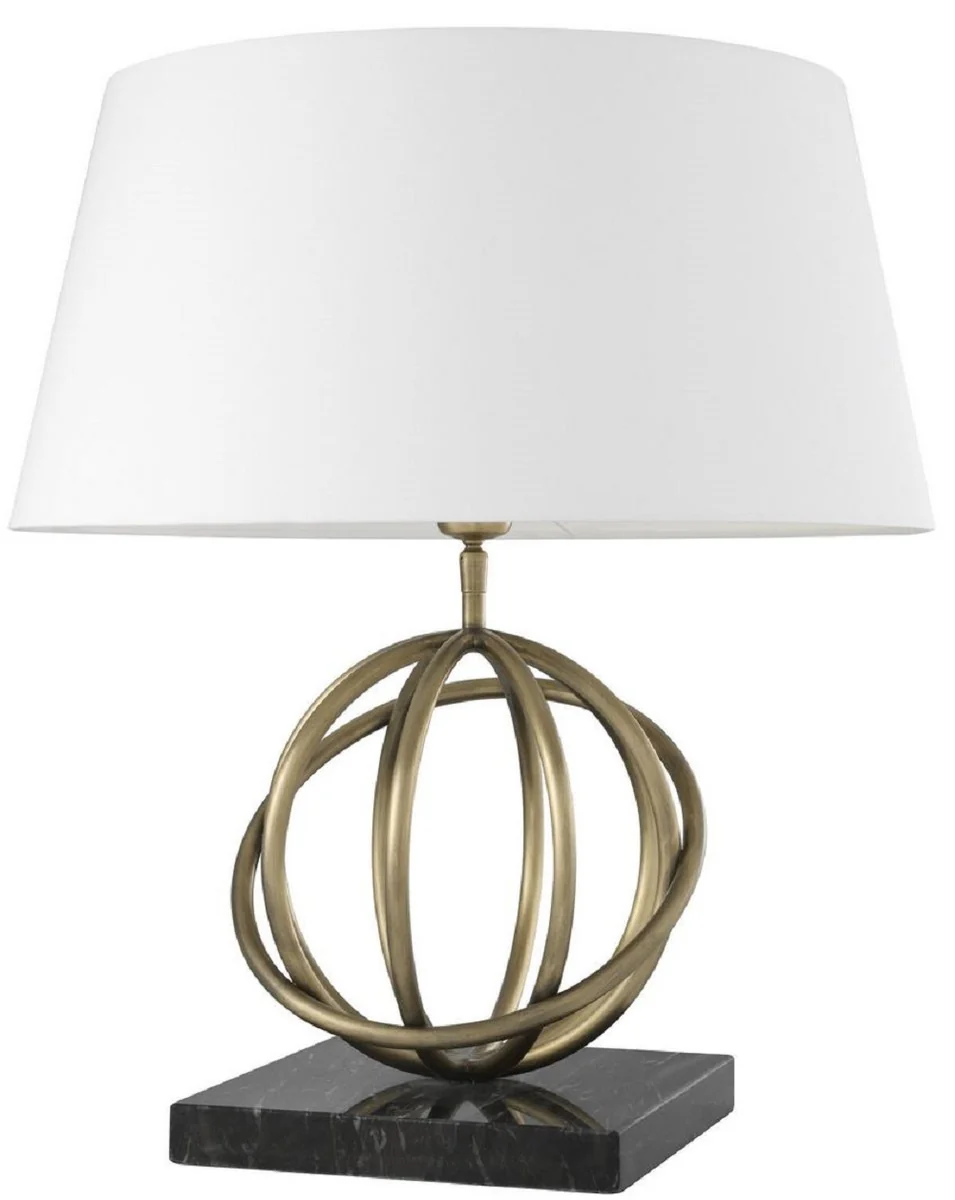 Casa Padrino lámpara de mesa de lujo latón antiguo / negro / blanco Ø 50 x H. 57 cm - Lámpara de Mesa de Latón con Base de Mármol y Pantalla Redonda