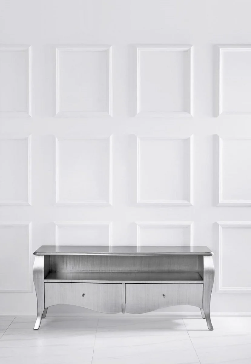 Casa Padrino gabinete de TV barroco de lujo plata - Aparador de madera maciza hecho a mano con 2 cajones - Muebles de lujo en estilo barroco - Muebles barrocos - Noble y Magn¨ªfico