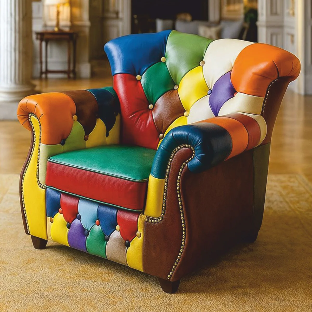 Casa Padrino sill¨®n Chesterfield de lujo de cuero colorido - Muebles de cuero patchwork