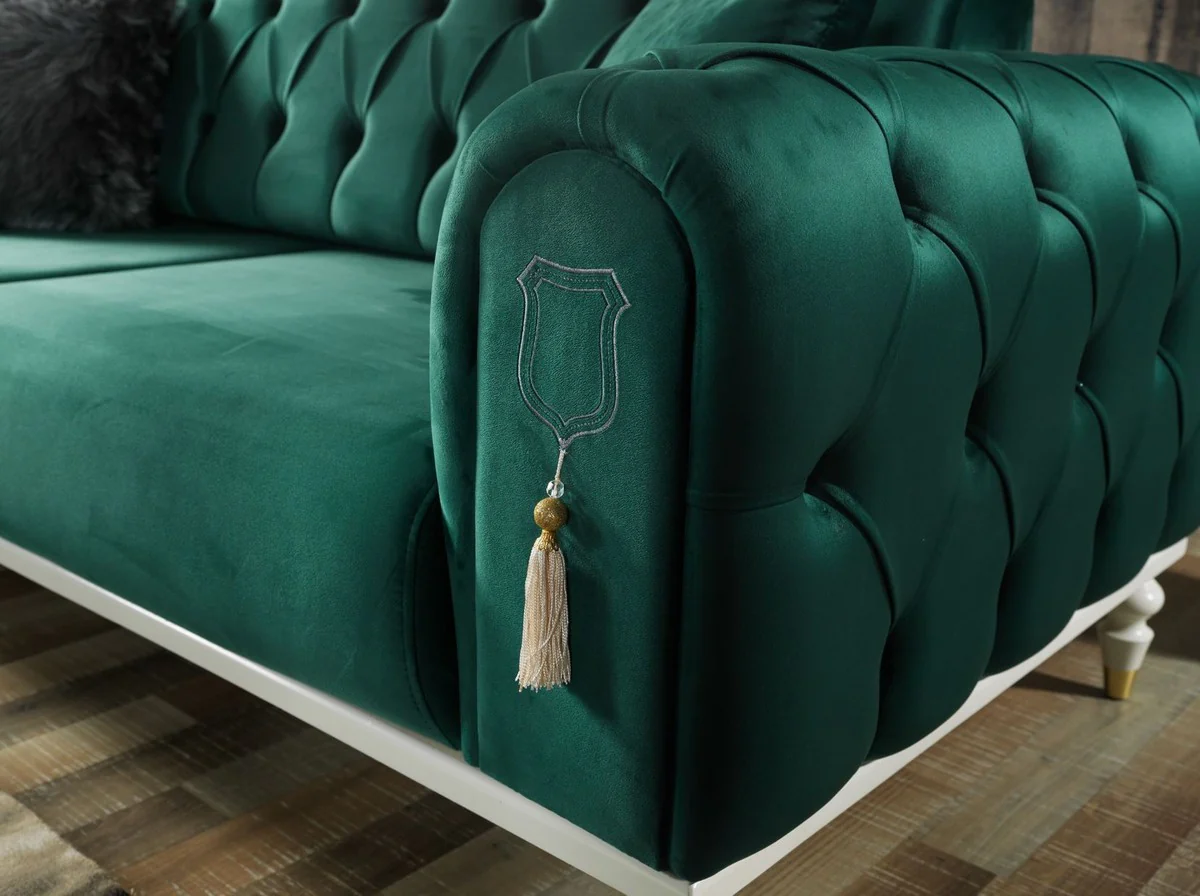 Casa Padrino sof¨¢ cama Chesterfield de lujo verde / blanco / oro 230 x 95 x A. 83 cm - Sof¨¢ de sal¨®n con 3 almohadas - Muebles de sal¨®n de lujo