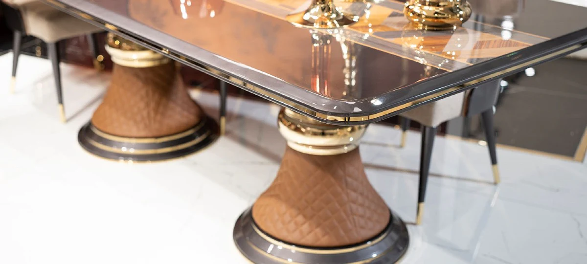 Casa Padrino mesa de comedor Art Deco de lujo gris / multicolor / marr¨®n / oro - Mesa de cocina de madera maciza Art Deco de lujo - Muebles de comedor Art Deco de lujo